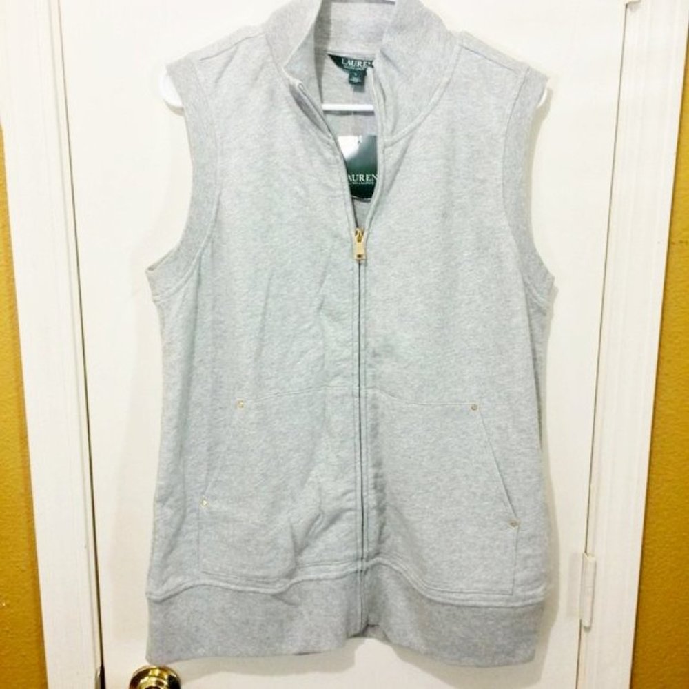 LRL women's L sleeveless full zip mock neck pocketed jogger vest jacket